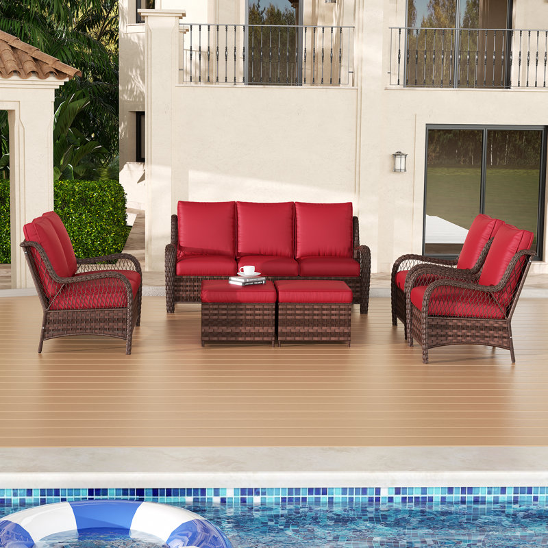 Ensemble de conversation 7 pièces en osier de patio avec coussins, ensemble de meubles en rotin pour piscine, Rouge