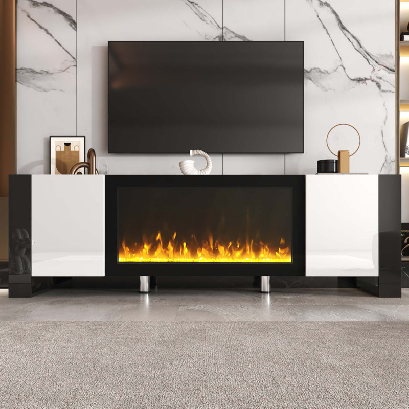 High Gloss White MDF Entertainment Center with 34.2" Electric Fireplace, 2 Cabinets, Media Console for TVs up to 78", White