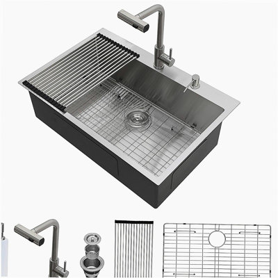 Évier de cuisine encastré 30 po avec robinet rétractable et distributeur de savon - Évier de cuisine encastrable 30 x 22 po à cuve simple en acier inoxydable de calibre 16