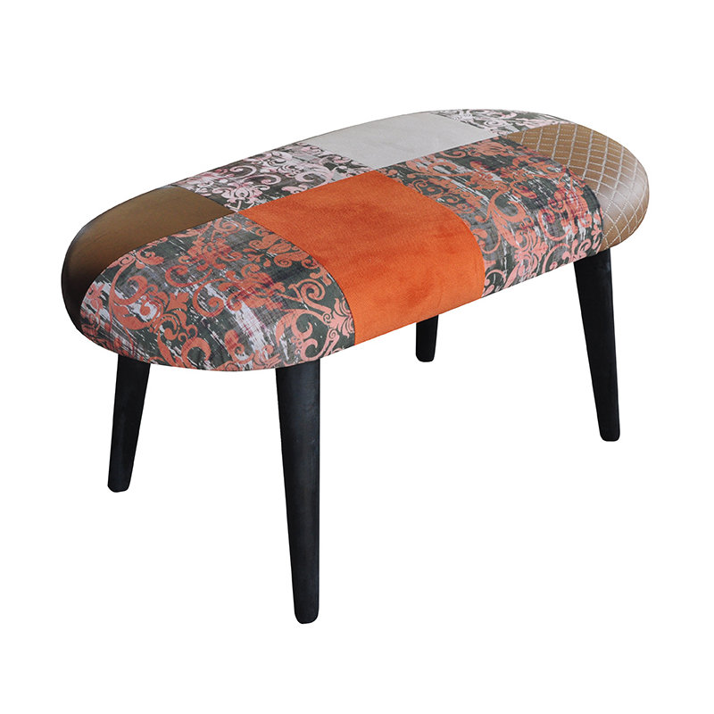 Patchwork Polyester Blend Upholstered Bench, Orange Mix