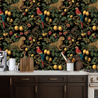 Peel and Stick Wallpaper Tropical Jungle Leopards Monkeys Parrots Exotic Fruits Dark Contact Paper Removable Self Adhesive Wall Mural Wall Decor for Bedroom Kitchen Cabinets 17.7in x 118in
