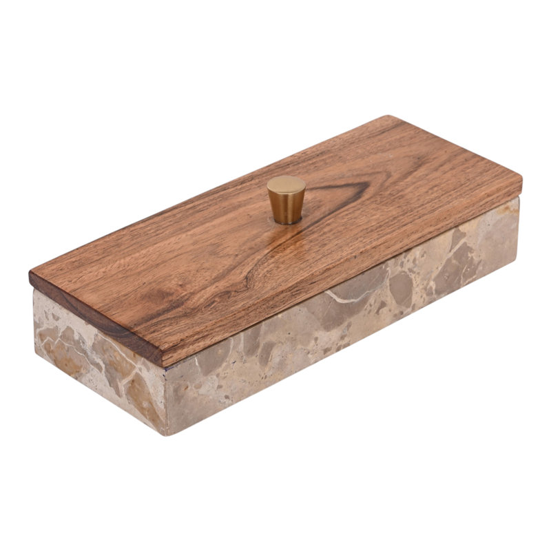 Decorative Wood Lid Rectangular Marble Box with Lid for Office or Home Decor - Refined Organizer Storage Keepsake for Living Room - 10", Gray & Brown