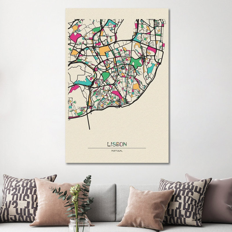 Lisbon, Portugal Map by Ayse Deniz Akerman - Wrapped Canvas Print, 152.5 cm H x 101.5 cm W