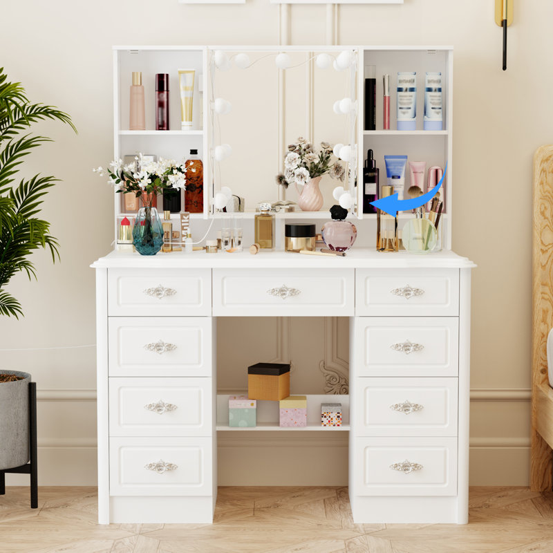Apiffany Modern 7 Drawers Vanity Table With Lights Mirror