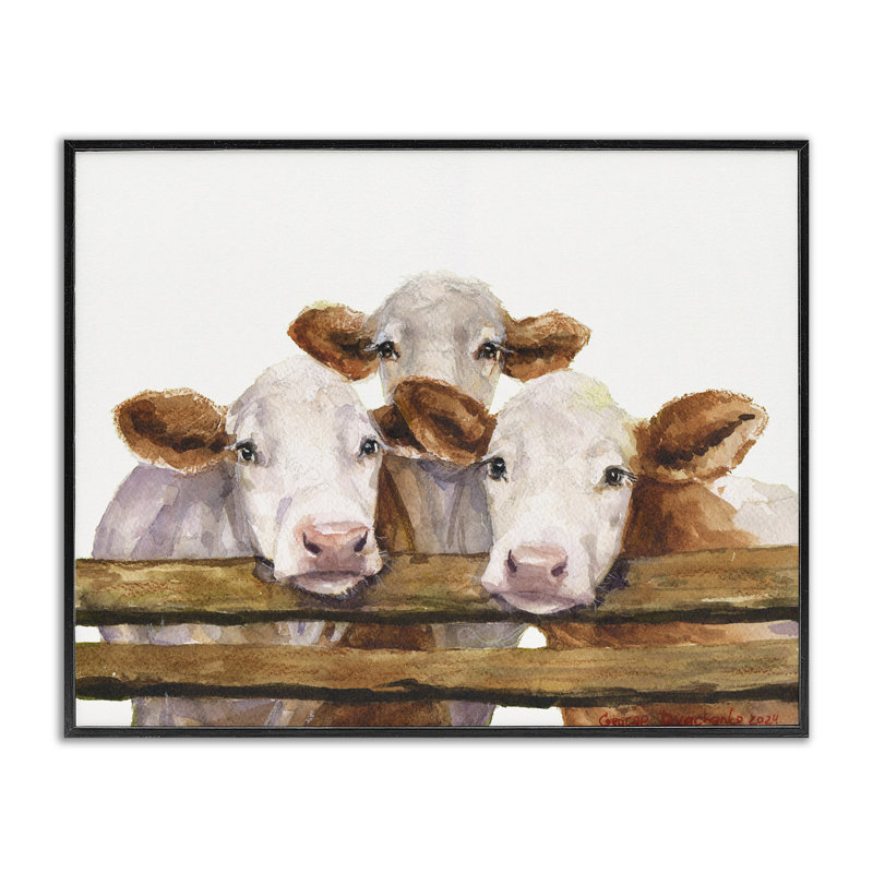 «Three Cow Friends», estampe numérique par George Dyachenko, Cadre noir, H 16 po x l 20 po