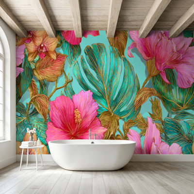 Peel and Stick Wallpaper Wall Mural Watercolor Tropical Leaf Wall Art Self Adhesive and Removable