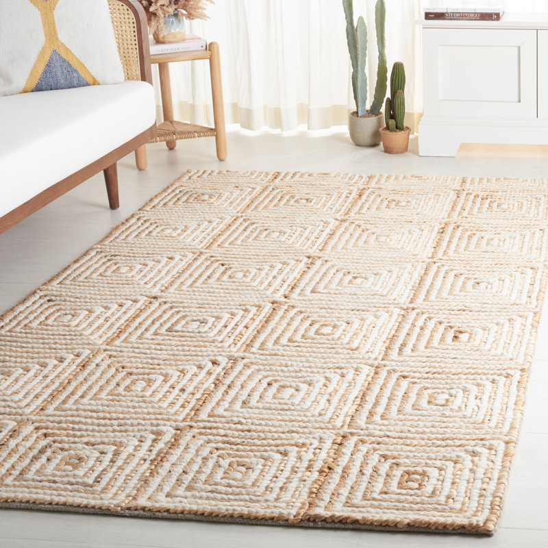 Allahna Natural Fiber Hand Loomed Jute/Wool/Cotton Geometric Rug in Natural/Ivory, Rectangle 5' x 8'