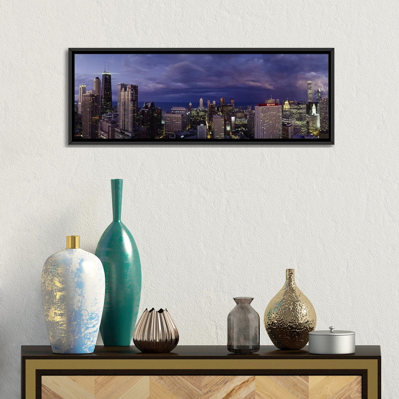 «Evening Chicago, Illinois», reproduction de photo sur toile, Toile avec cadre noir, H 12 po x l 36 po x P 1,5 po