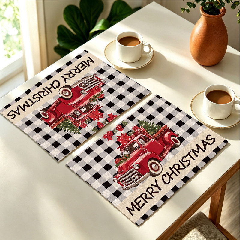 Ensemble de 4 napperons de Noël - Ensembles de table résistants à la chaleur, pour les repas à l'intérieur et à l'extérieur, motif de camion vichy rouge et noir