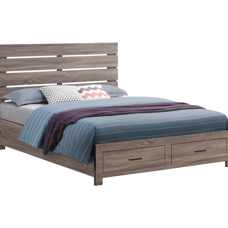 Grand lit avec tête de lit à lattes, deux compartiments de rangement et une finition en chêne sur bois massif + pour la conception de la chambre à coucher