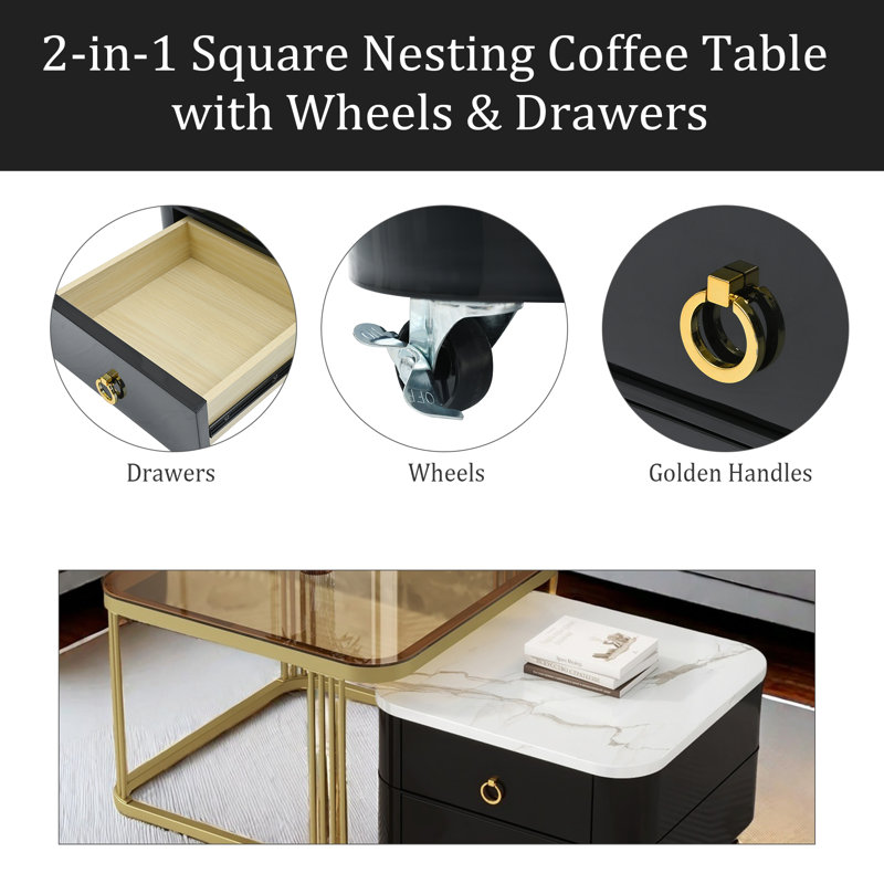 2-In-1 Square Nesting Coffee Table With Wheels & Drawers, Stackable Side Table With High Gloss Marble Grain Top, End Table Set With Brown Tempered Glass For Living Room