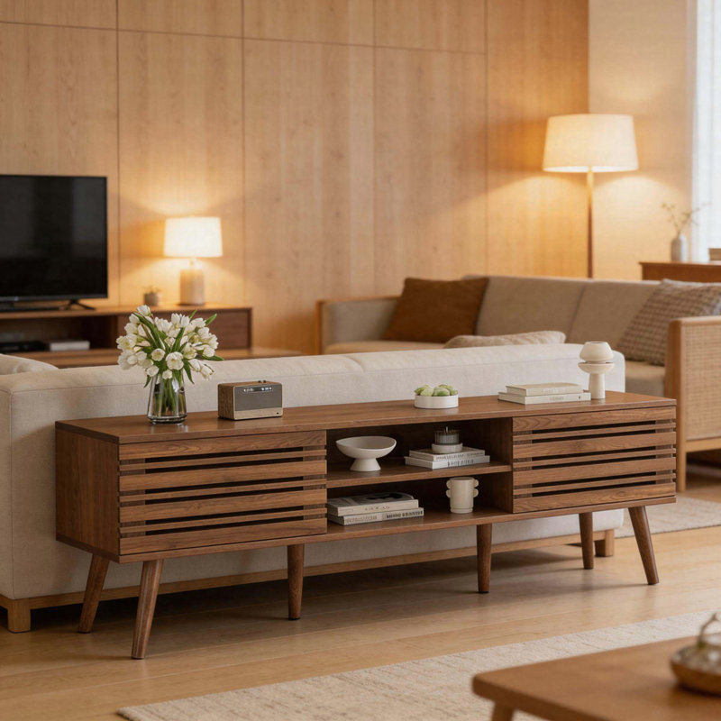 Mid-Century Modern TV Stand For Tvs Up To 70", Fluted Wood Media Console With Storage, Natural Walnut