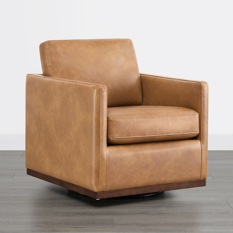 Assiatou Wide Swivel Arm Chair, Cognac Brown Pebbled Faux Leather