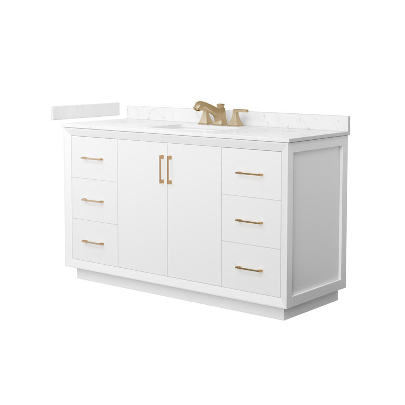 Meuble-lavabo simple autoportant 60 po avec plateau en marbre Strada, Blanc, Bronze satiné