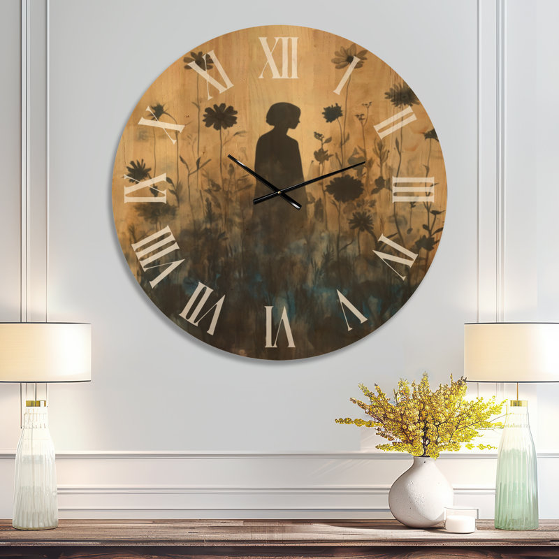 Horloge murale bohème Wildflower Silhouette II, imprimée sur bois, Très grand