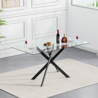 51" Rectangular Glass Dining Table for 4, Modern Kitchen Glass Top Table with Metal Legs, Clear Dining Table Kitchen Table for Home Office Dining Room