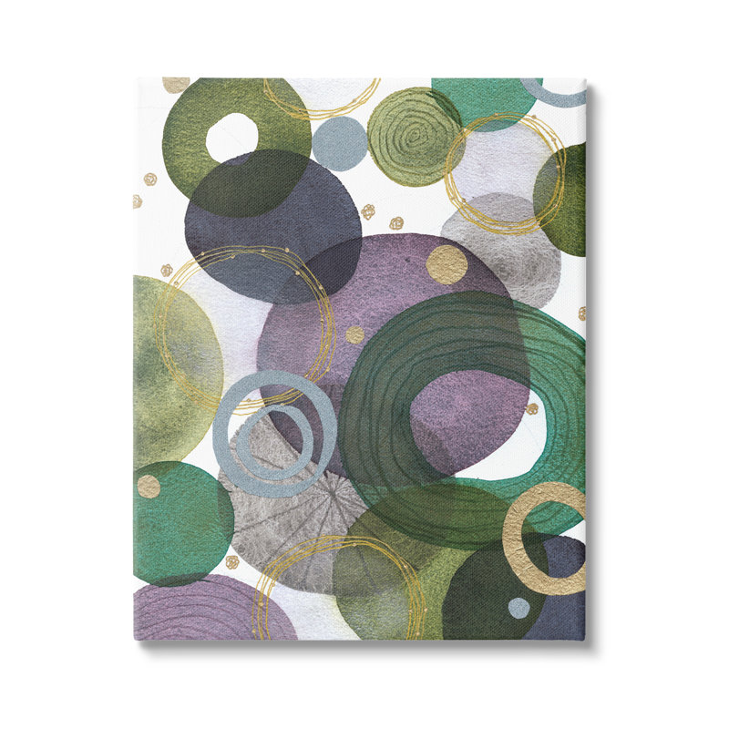 Cercles verts et mauves sur toile par Jocelyn Benford, H 40 po x l 30 po x P 1,5 po