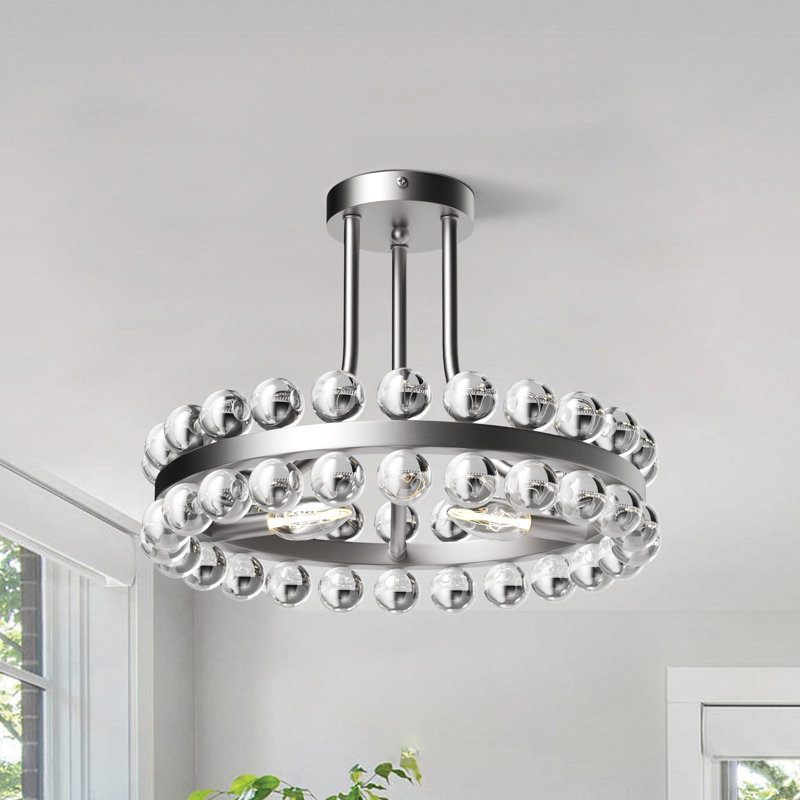 Jackeline 16'' - 3 Lights Brushed Nickel Crystal Ball Modern Chandelier Style Circle Semi Flush Mount Lighting Fixture For Living Room/Bedroom