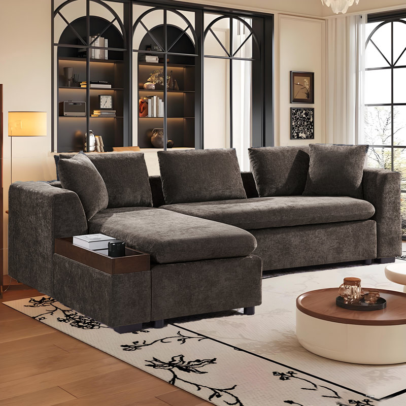 Canapé rembourré en L avec compartiment de rangement en bois et coussins décoratifs, Chenille brun