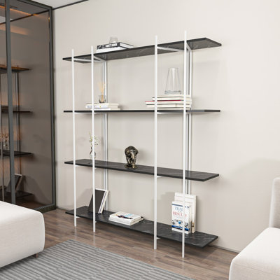 Modern Marble Design Bookshelf, 63.0 x 70.9 x 11.6 inches | 100% Melamine Coated Particle Board, Thickness: 0.7 inches | Stylish Black & White Finish, Perfect for Home Office & Living Room Storage, Durable & Elegant