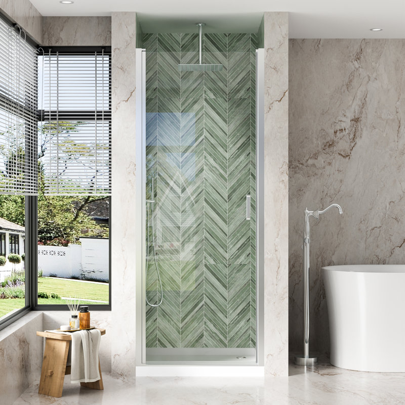 Porte de douche pivotante semi-cadrée 32 "x 72" avec verre trempé transparent de 1/4 pouce (6mm) et poignée, chrome, Chrome