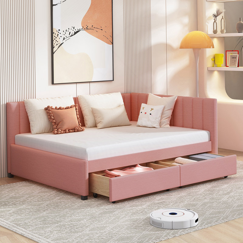Full Upholstered Daybed with 2 Storage Drawers Sofa Bed Frame, Pink
