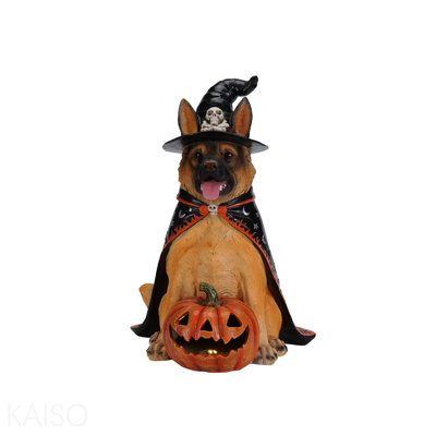 Halloween German Shepherd Dog Statue, Large Sitting Dog Figurine with Witch Hat & Cape, LED Light Up Jack-O-Lantern Pumpkin
