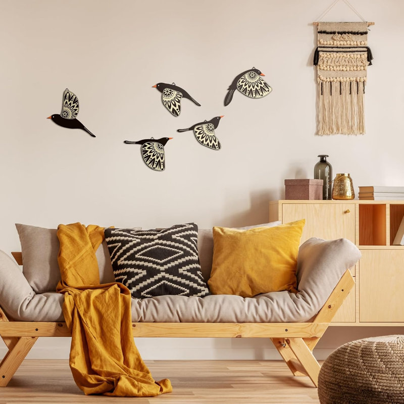 Lot de 5 décorations murales en bois représentant des oiseaux de style folklorique, noir.