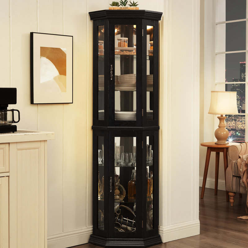 Décoration décorative lumineuse pour objets de collection avec verre trempé, acrylique miroir et installation facile, portes d'armoire de coin en verre noir, dossier en acrylique, caractéristique,