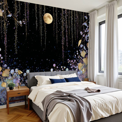 Moon Peel and Stick Wallpaper Moon Vintage Hanging Abstract Boho Celestial Floral Crescent Moon Wall Murals 69"H x 96"W Removable PVC Wall Paper Self-Adhesive Wall Decor for Bedroom Living Room Home Office