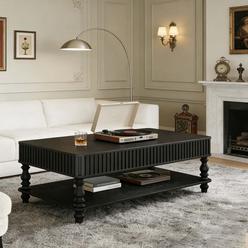 Lift Top Coffee Table Storage Solid Wood Fluted Roman Columns, Black