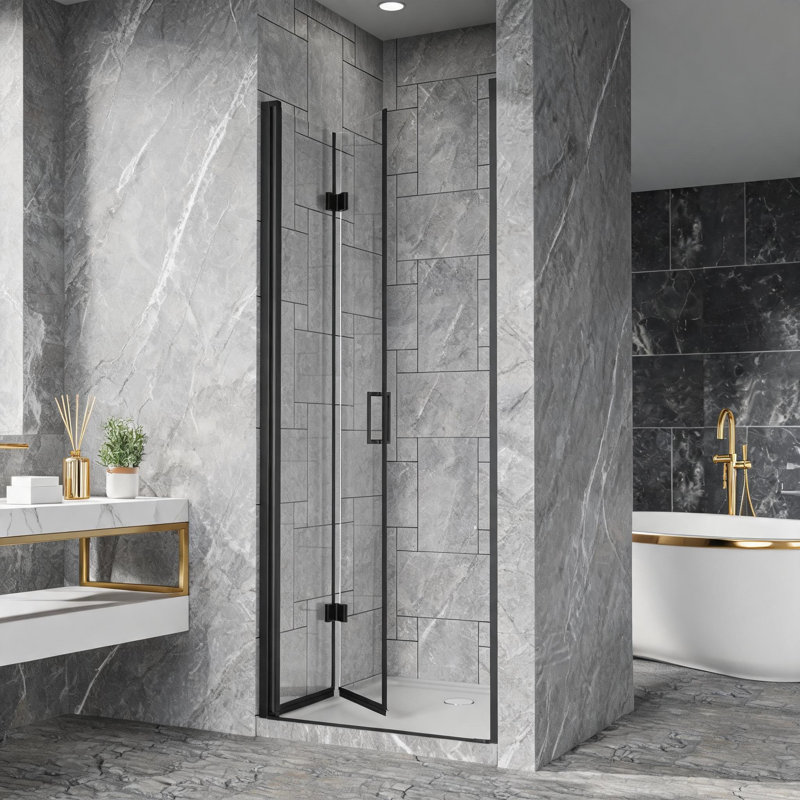 Porte de douche pliante sans cadre en verre trempé noir de 91,4 cm x 182,9 cm (36 po x 72 po) avec pivot et panneaux pliables
