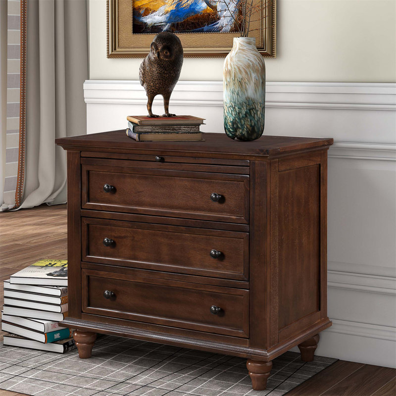 Modern 3-Drawer Nightstand with Pull-Out Tray, Stylish Sofa Side Table with Rubber Legs, Brown
