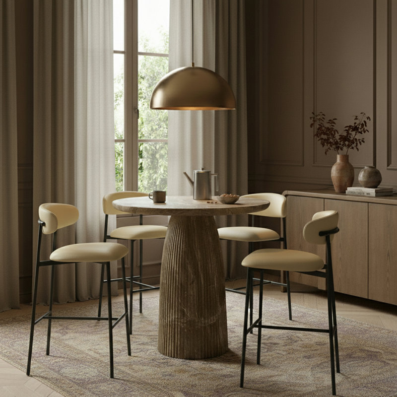 Tabouret de bar rembourré en cuir Lupita, Noir mat, Crème végétalien en cuir