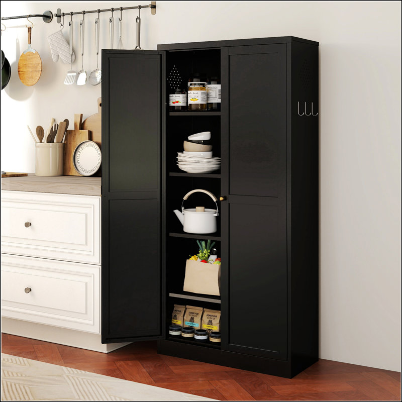 Armoire de cuisine robuste en métal noir avec 4 tablettes réglables, capacité de 110 lb et peu encombrante pour les maisons modernes