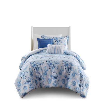 Full/Queen Comforter , Charming Floral And Striped, 2 Shams, Throw Pillows, Microfiber Fabric, Spot Cleanable Bedding Striped Design, Fill, Soft