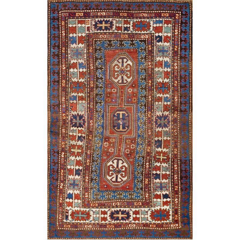 Antique Caucasian Tribal Geometric Key Hole Design Medallion Kazak Rug