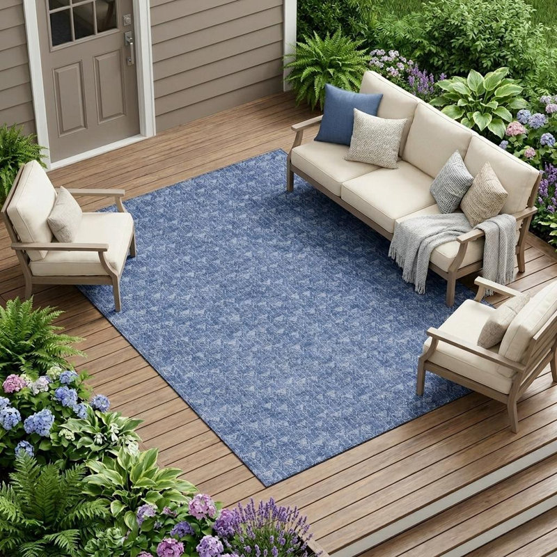 Tapis extérieur antidérapant lavable à motif géométrique bleu marine 10 pi x 14 pi