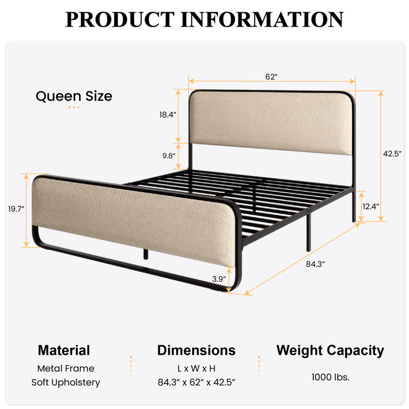 Arnasia Upholstered Metal Platform Bed, Queen