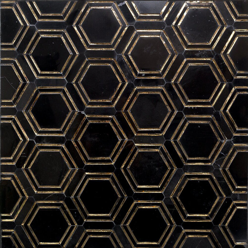 Helix 4" Hexagon Polished Nero Marquina Marble & Glass Mosaic Tile
