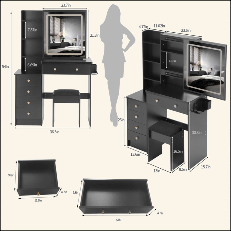 37" Middle Size Left Bedside Cabinet Vanity Table + Cushioned Stool Dresser Set, 2 AC+2 USB Socket, Hair Dryer Stand, Large Touch Control LED Sliding Mirror, 3-Color Switch, EPA, GCC, UL Certificate
