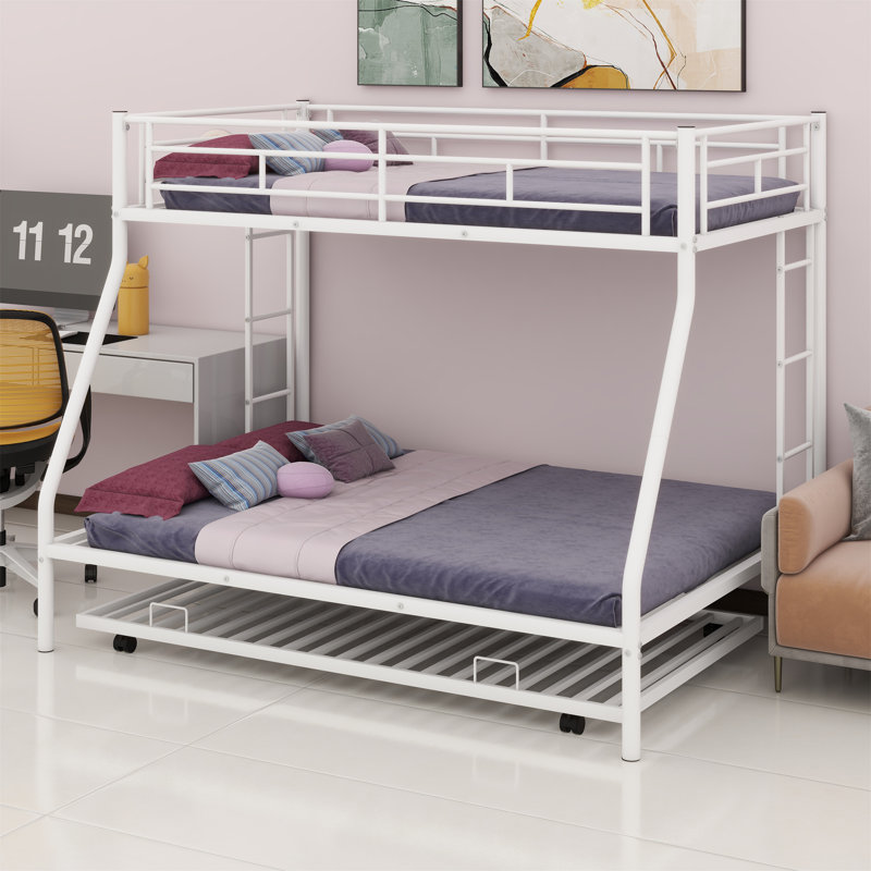 Bunk Bed With Trundle Bed, Two-Side Ladders, White