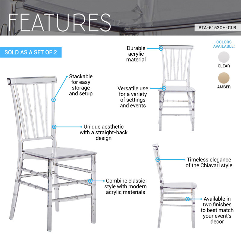 Ensemble de 2 chaises empilables en acrylique transparent de style Chiavari