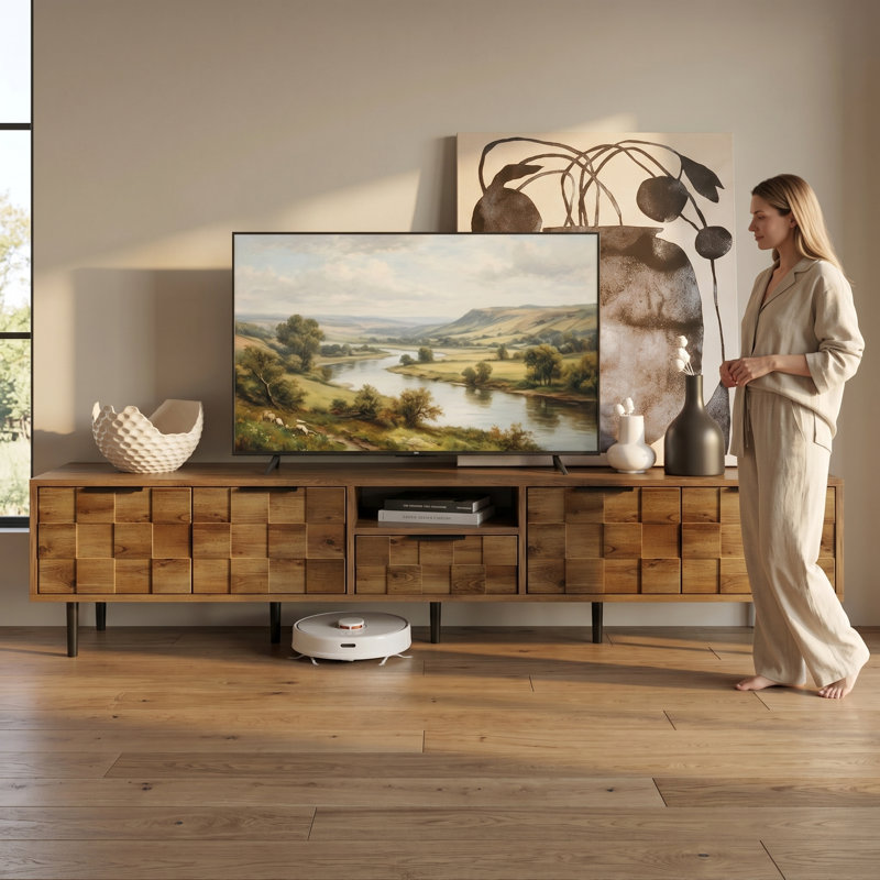 Meuble télé moderne en bois naturel pour téléviseur de 85 po ou moins, meuble télé avec tablette et tiroir