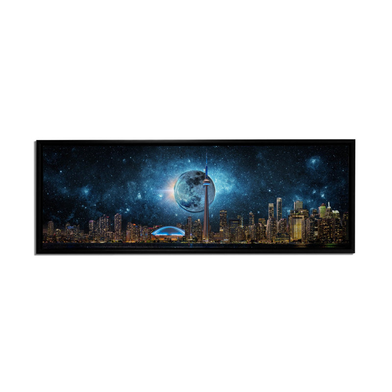 Toronto Skyline Moon - imprimé, Cadre flottant noir, H 19 po x l 51 po x P 4,25 po