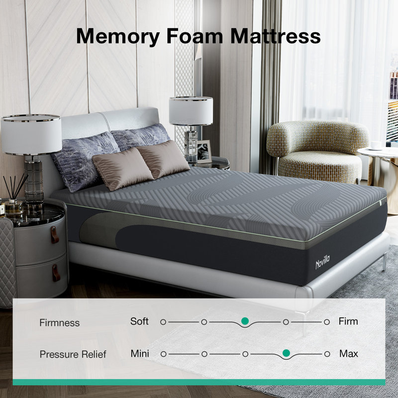 Novilla 14 Inch Queen Size Mattress, Medium AiryFlow™ Cooling Gel Memory Foam Mattress,Ice Silk Fabric,Green Tea-Infused, 14"