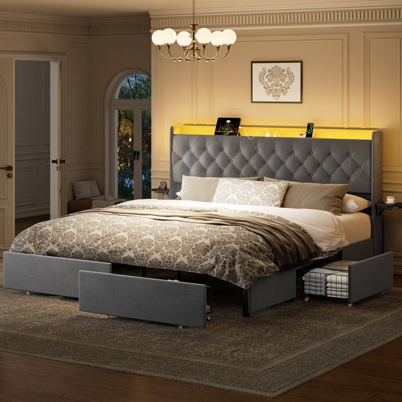 Coba Upholstered Modern Bed with 4 Storage Drawers, Storage Bed Queen 
