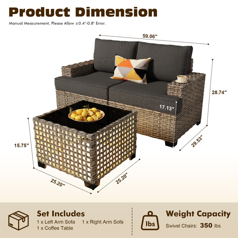 Modern Outdoor Wicker Patio Sofa Set With Solar-lit Coffee Table, Modular Seating & Wide Armrests For Backyard, Patio Or Garden