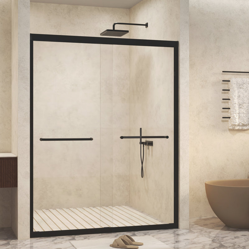 54 " x 72" Tempered Glass with Explosion Proof Film, Aluminum Frame Double Sliding Shower Door, "1/4 (6 mm), Stainless Steel handle
