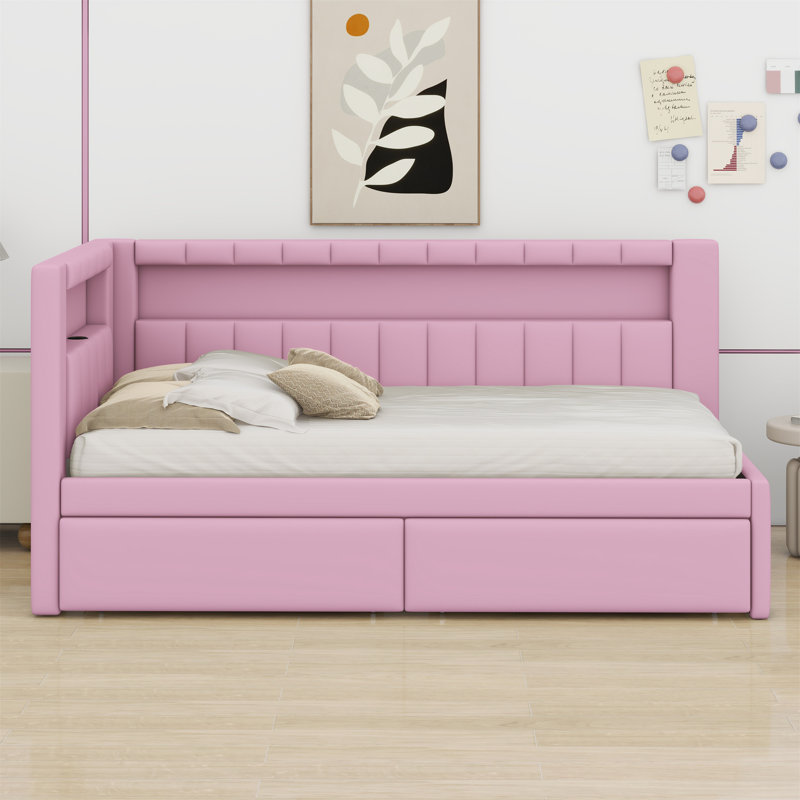 Lit plateforme tapissier avec ports USB et ceinture à DEL, avec 2 tiroirs, Rose